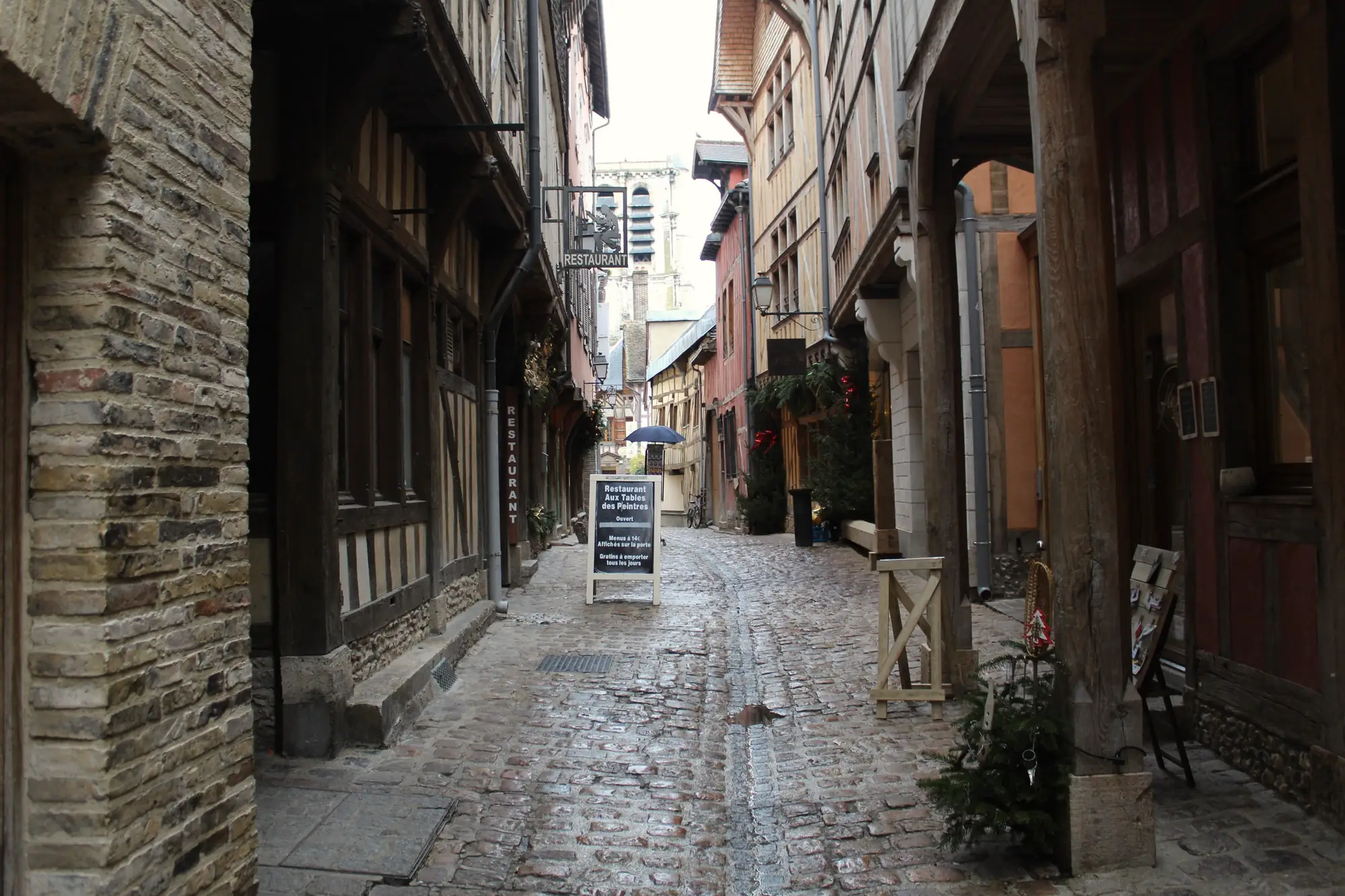 La ruelle des Chats à Troyes : pavés, poteaux de bois et étages qui se rapprochent au-dessus du passage